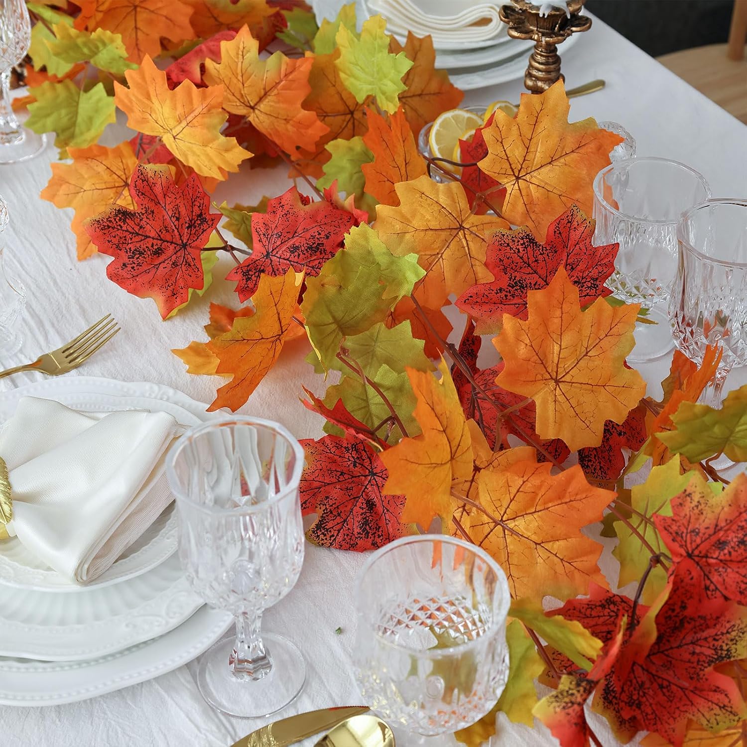 Mizii 2 Strands Artificial Maples Vines Garland 79" Fake Vine Silk Maple Leaves Faux Hanging Fall Garland for Fall Decor Thanksgiving Porch Mantle Fireplace Farmhouse Harvest Decorations (Maple)