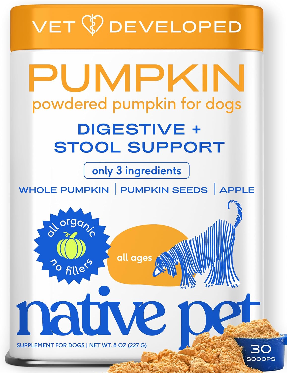 Native Pet Pumpkin for Dogs - Organic Dog Food Topper Powder - Promotes Firm Stools, Supports Digestive, Bowel Health & Nutrient Absorption - USDA Organic, Rich in Fiber with Real Pumpkin - 30 Scoops