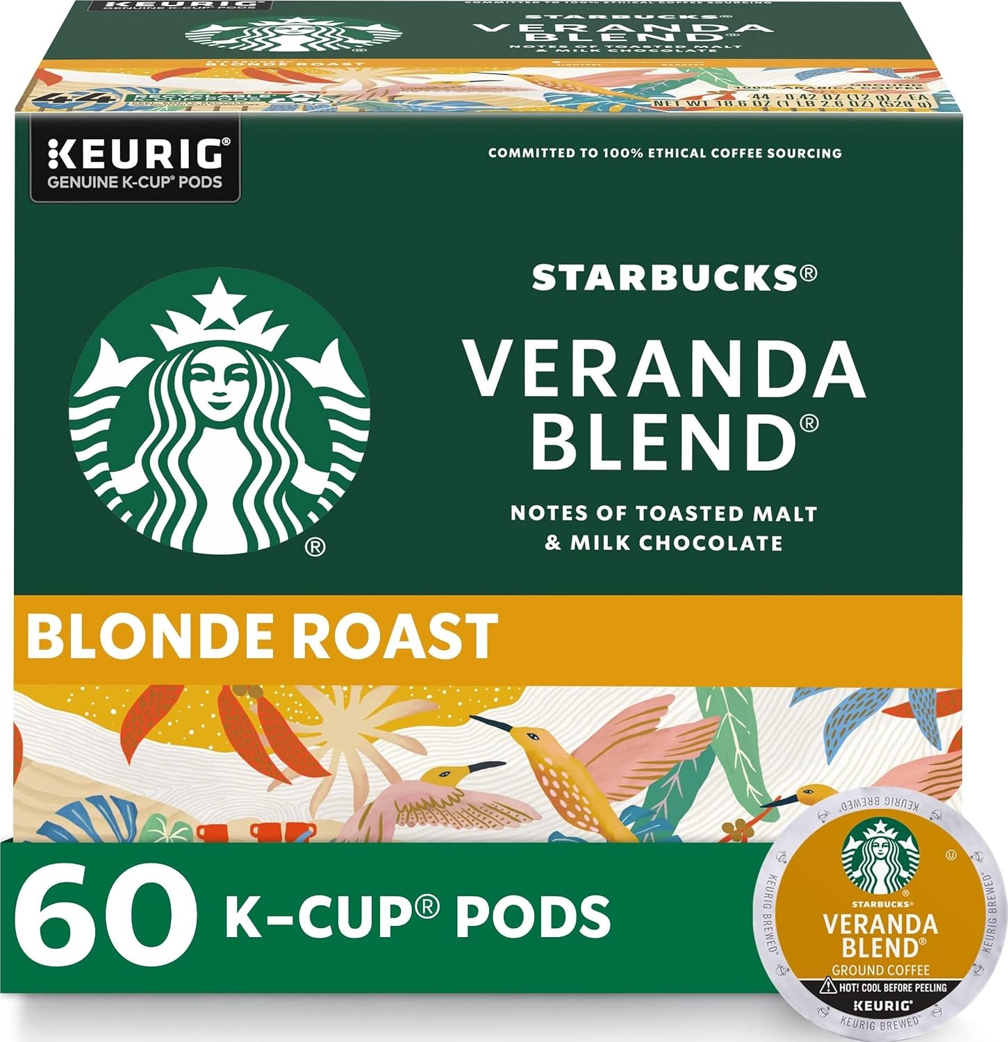 Starbucks K-Cup Coffee Pods, Starbucks Blonde Roast Hot or Iced Coffee, Veranda Blend, 60 Keurig Pods | 100% Arabica K-Cup pods for Keurig brewers; Veranda Blend blonde roast; 6 boxes, 10 pods each (60 total)