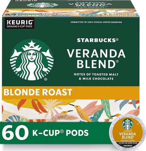 Starbucks K-Cup Coffee Pods, Starbucks Blonde Roast Hot or Iced Coffee, Veranda Blend, 60 Keurig Pods | 100% Arabica K-Cup pods for Keurig brewers; Veranda Blend blonde roast; 6 boxes, 10 pods each (60 total)