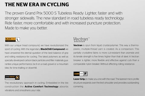 Continental Grand Prix 5000 S TR - Tubeless Road Bike Tire | Fast, Light, Durable - BlackChili, Vectran Breaker, LazerGrip, Active Comfort Technology