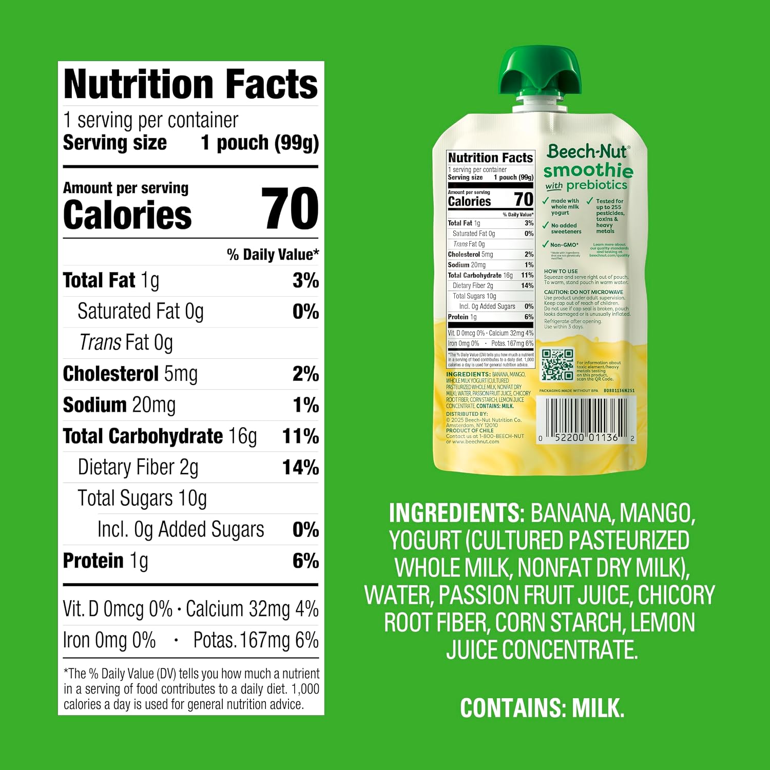 Beech-Nut Prebiotics Smoothie Banana Mango Passion Fruit Yogurt, 12 Pouches