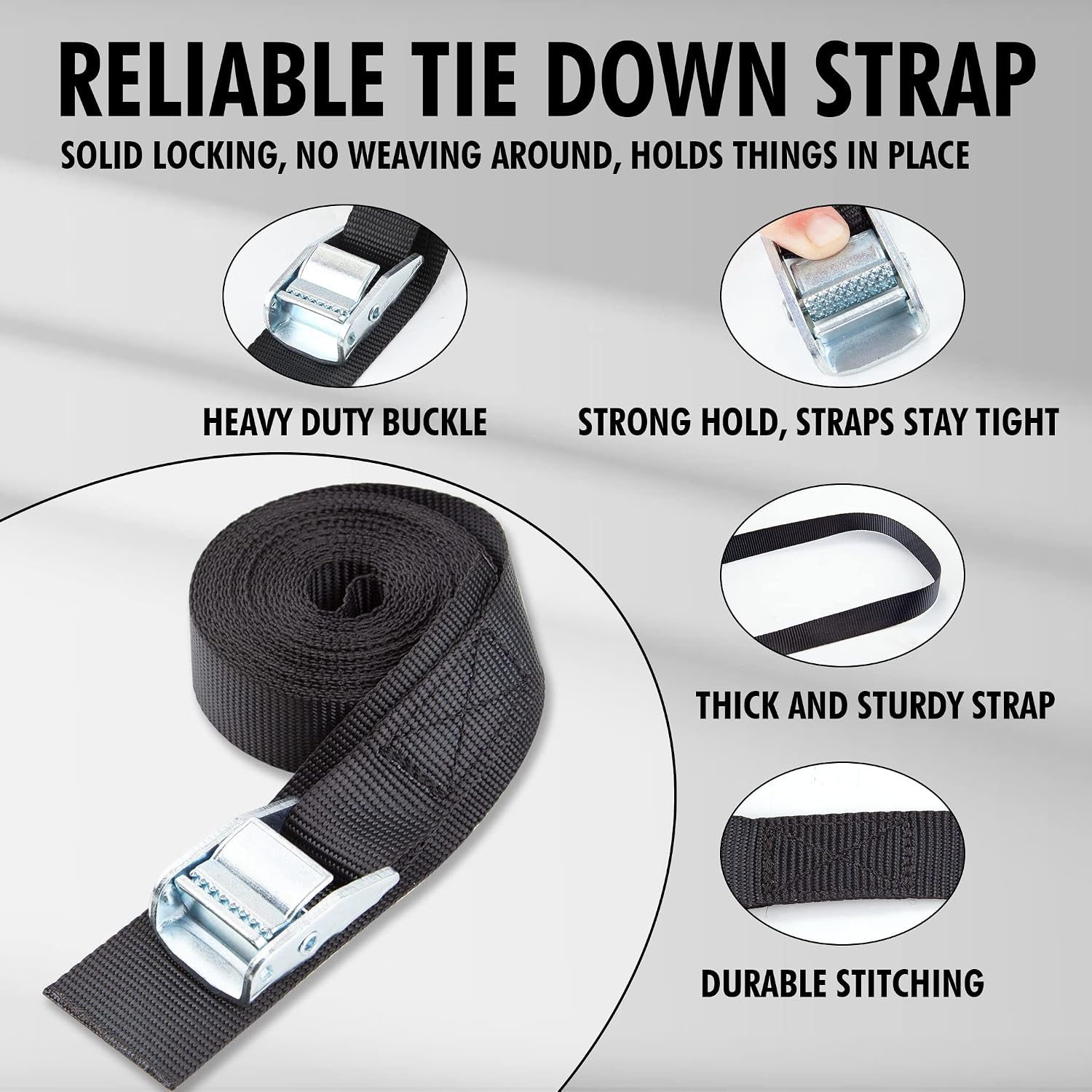 Cartman 1" x 15 ft Cam Buckle Straps, 4 Pack, 600 lb Break Strength, Black