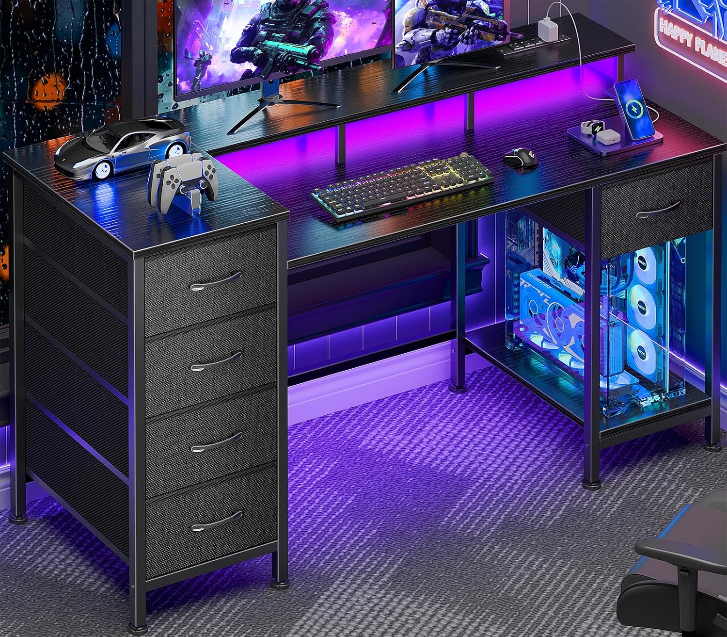 Korfile 47 Inch Gaming Computer Desk with Power Outlets,LED,5 Drawers,Black