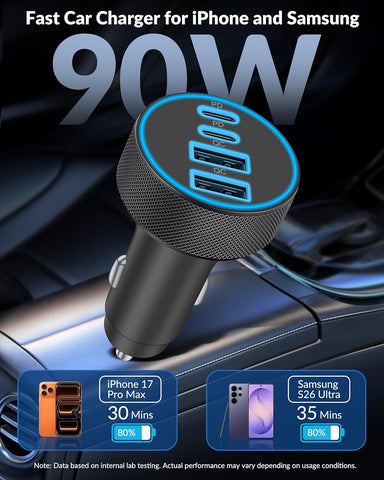 iPhone 17 16 15 Car Charger Fast Charging, 90W 4Port USB C Fast Car Charger