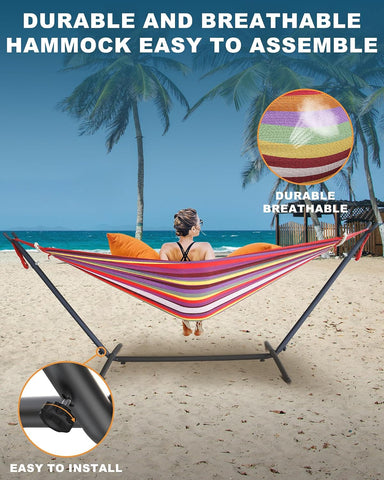 Everyfun Double Hammock with Stand for 2 Person, 600 lb Capacity, Rainbow
