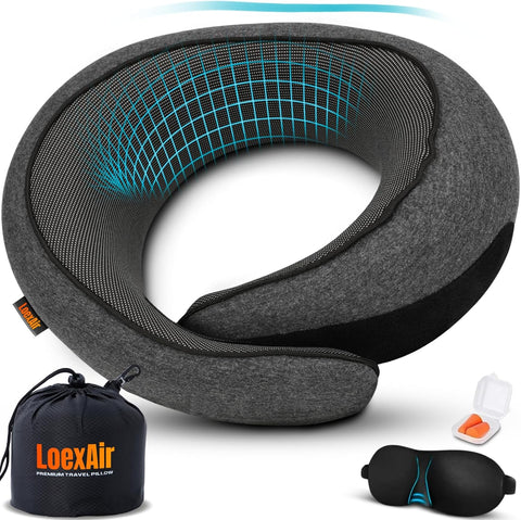 LOEXAIR™ Travel Pillow, Neck Pillow Travel for Airplane, Car - 100% Cotton Fabric & Memory Foam Plane Pillow, Lightweight & Easy-to-Carry on Flight, Full Travel Set (Eye Mask, Earplugs) - Dark Grey