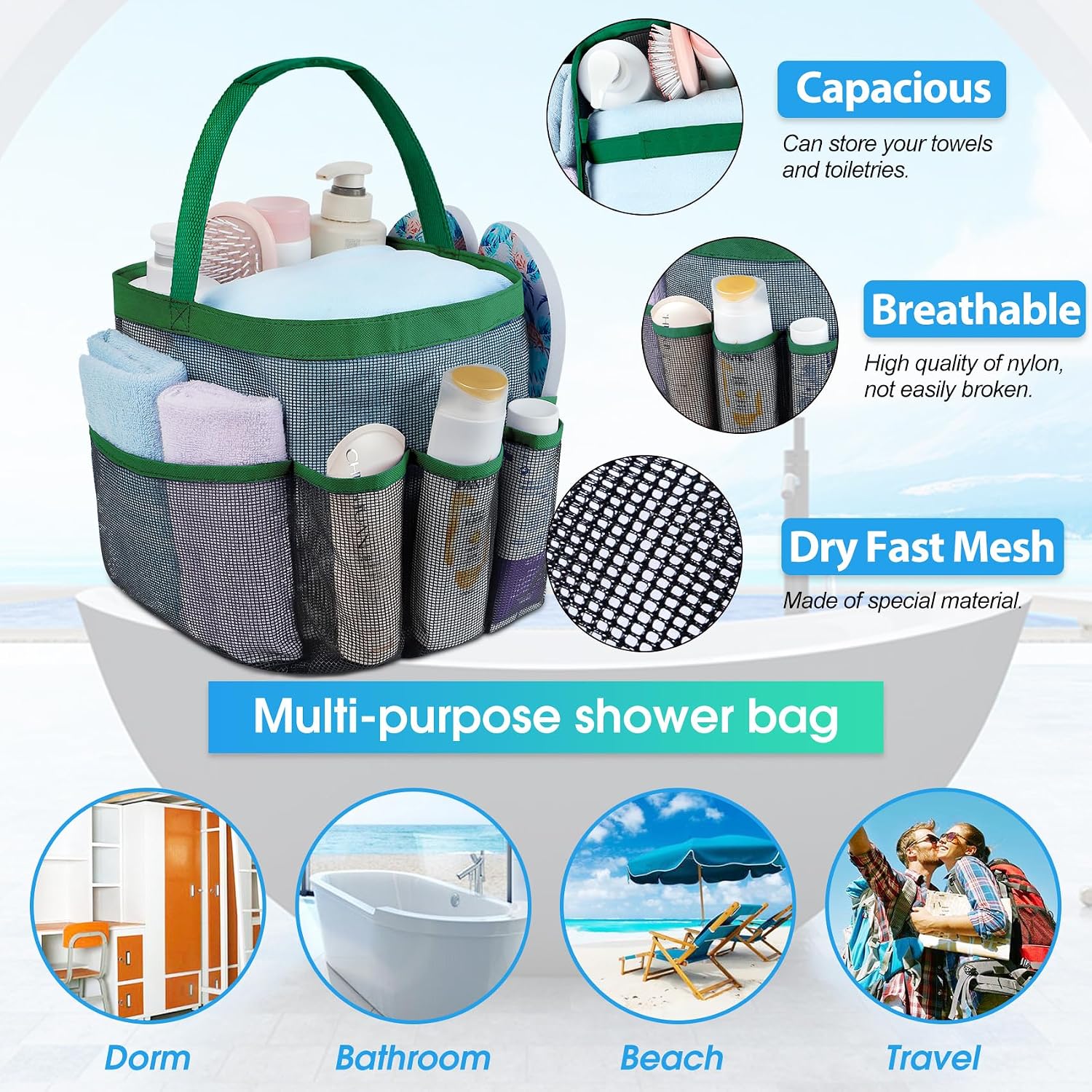 Mesh Shower Caddy Portable - 9 Pockets for College Dorm Room Essential