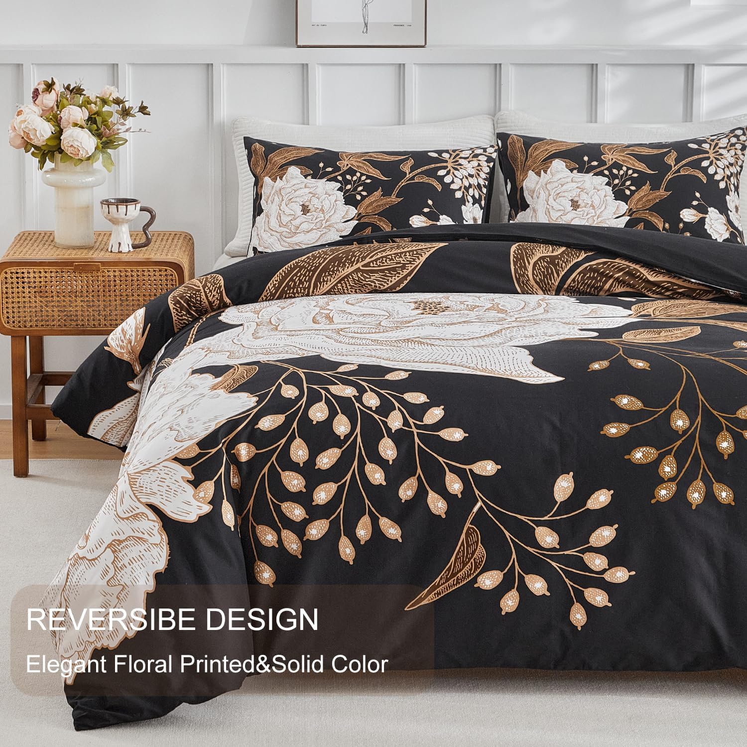 mixinni Floral Duvet Cover Queen Size, 3 Pieces White Flowers and Gold Leaves Printed on Black Bedding Set, Soft Premium Cotton Reversible Elegant Floral Duvet Cover Set for All Season-Queen Size