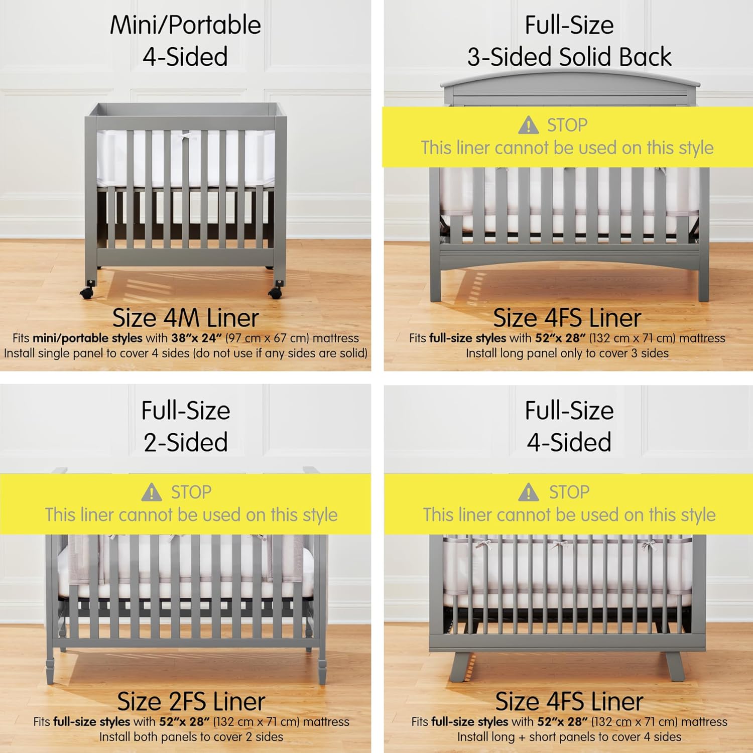 Halo Mini Crib Breathable Mesh Liner for Mini Crib, Classic 3mm Mesh, White, Size 4M Covers 4 Sides FITS MINI Cribs with 38x24” Mattress ONLY