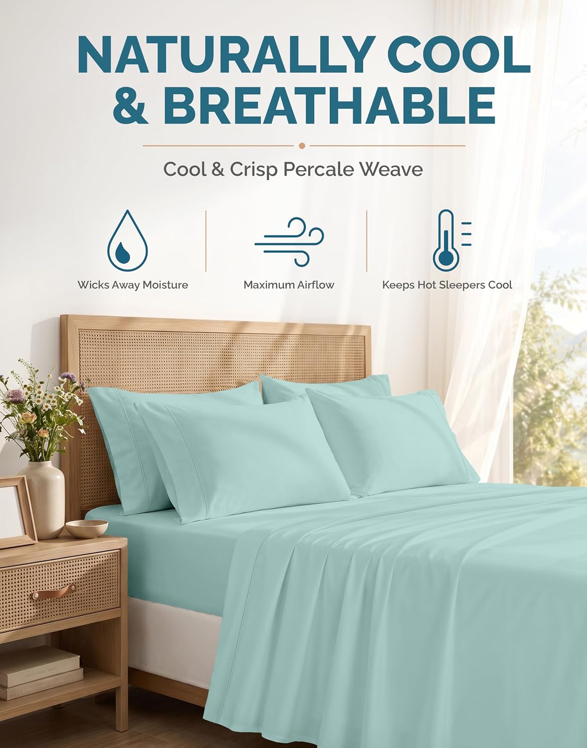 Casa Platino Split King Sheets Sets – 100% Cotton Split King Sheets Cooling with 4 Pillowcases, 15" Deep Pocket Fitted Sheet, Crisp & Smooth Feel, Ultra Soft & Cozy, Fit – Blue Sky