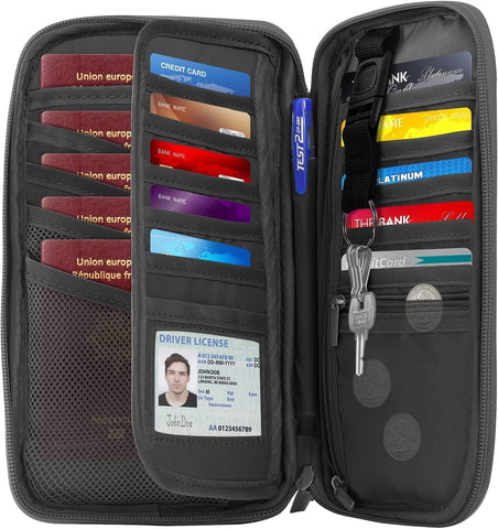 RFID Travel Passport Holder - Family Passport Wallet Holder, Lightweight Portable Travel Document Organizer Passport Card Cover with Zipper Pocket, Grey