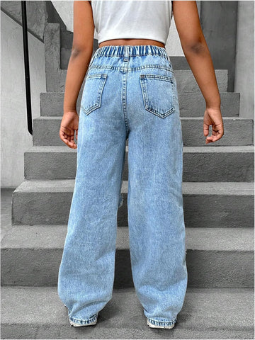 Floerns Girl's Distressed Jeans Baggy Wide Straight Leg Y2k Ripped Denim Pants