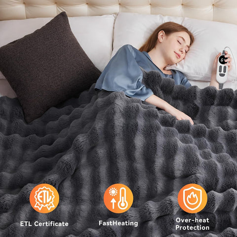 Anysay Heated Blanket Throw with 1/2/3/4 Hours Auto-Off 6 Heat Levels, 50" * 60" Cozy Faux Rabbit Fur Bubble Electric Blanket with Overheat Protection(Dark Grey)