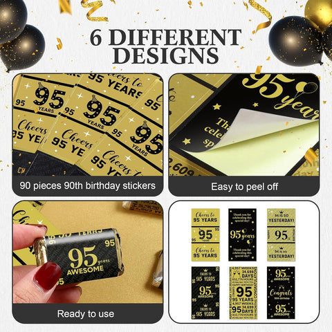 Tenare 90 Pcs 95th Birthday Candy Wrappers, Black and Gold Stickers