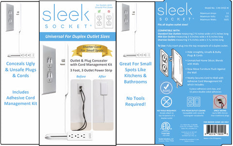 Sleek Socket Original & Patented Ultra-Thin Outlet Concealer with Cord Concealer Kit, Flat Extension Cord with Multi Outlets Power Strip, Ideal for Home Improvement, Hide Bulky and Messy Cords