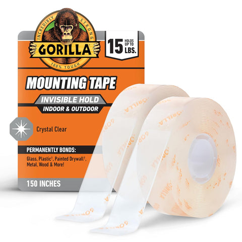 GORILLA Invisible Hold Mounting Tape, 1" x 150", Clear, 2-Pack