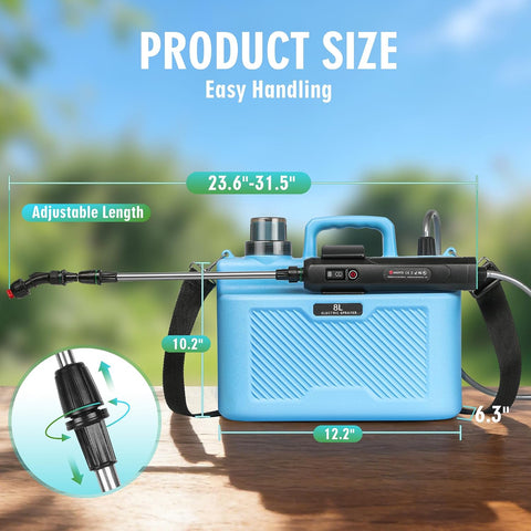 Battery Powered Sprayer 2 Gallon, Powerful Electric Garden Sprayer with 3 Speeds Displayed, Battery Indicator, 4 Mist Nozzles, Retractable Wand, Adjustable Shoulder Strap for Lawn Yard and Garden