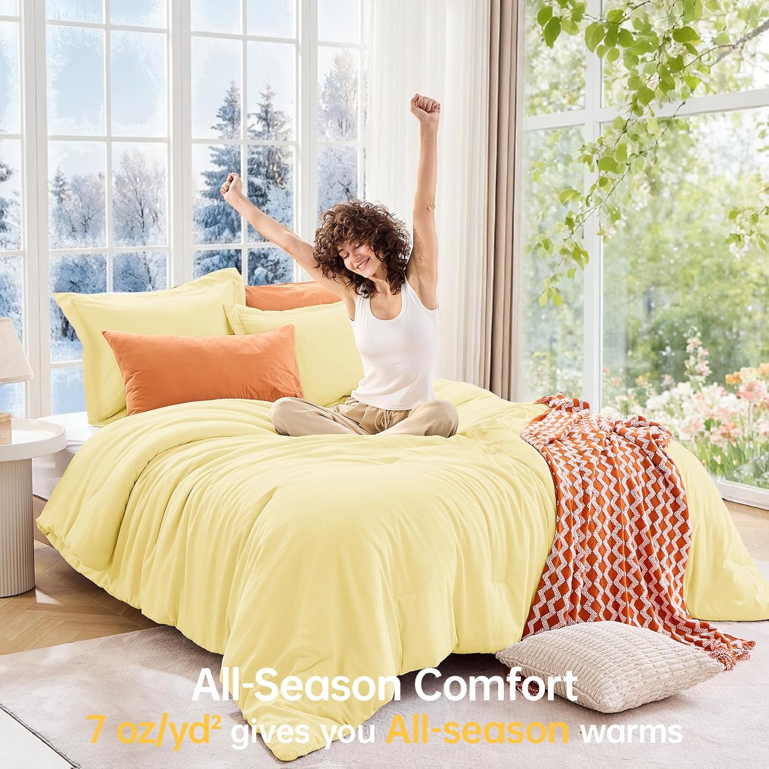 MUXHOMO Queen Comforter Set, All Season Ultra Soft Down Alternative Bedding - 3 Piece Lightweight Bed Set Includes 1 Comforter (90"x90") and 2 Pillow Shams (20"x26"), Cream Yellow