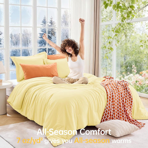 MUXHOMO Queen Comforter Set, All Season Ultra Soft Down Alternative Bedding - 3 Piece Lightweight Bed Set Includes 1 Comforter (90"x90") and 2 Pillow Shams (20"x26"), Cream Yellow