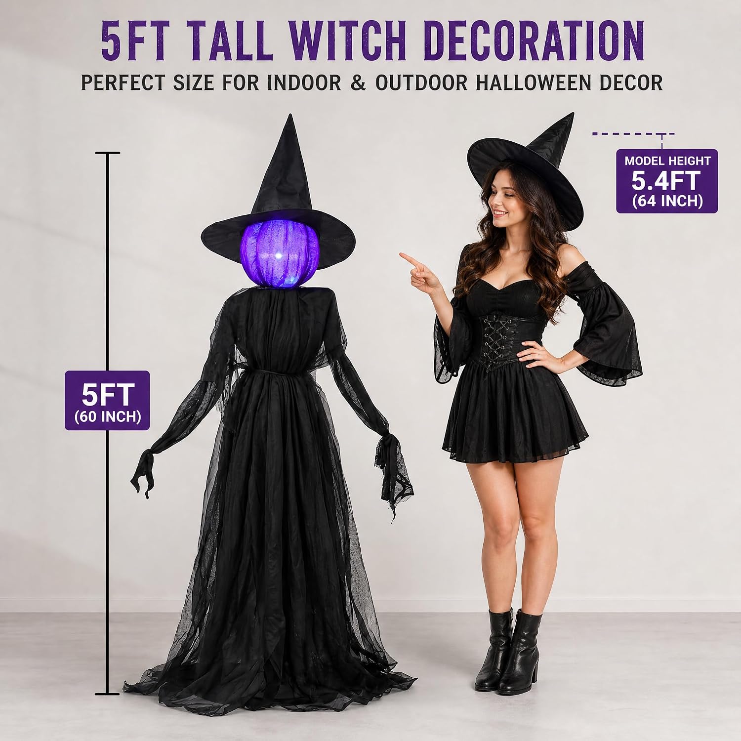 Dazzle Bright Halloween Witch Decorations Outdoor, Set of 3 Light Up Head Holding Hands Witch with Stakes, Waterproof Witch Decor for Garden Yard Lawn Haunted House Decor