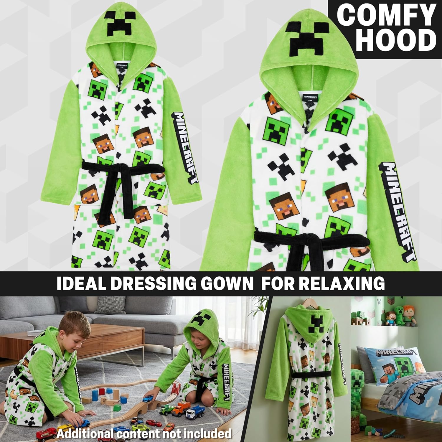 Get Trend Minecraft Robe for Boys Teens, Hooded Dressing Gown, Creeper Loungewear Cozy Robes, Gamer Gifts for Boys