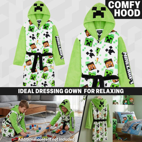 Get Trend Minecraft Robe for Boys Teens, Hooded Dressing Gown, Creeper Loungewear Cozy Robes, Gamer Gifts for Boys