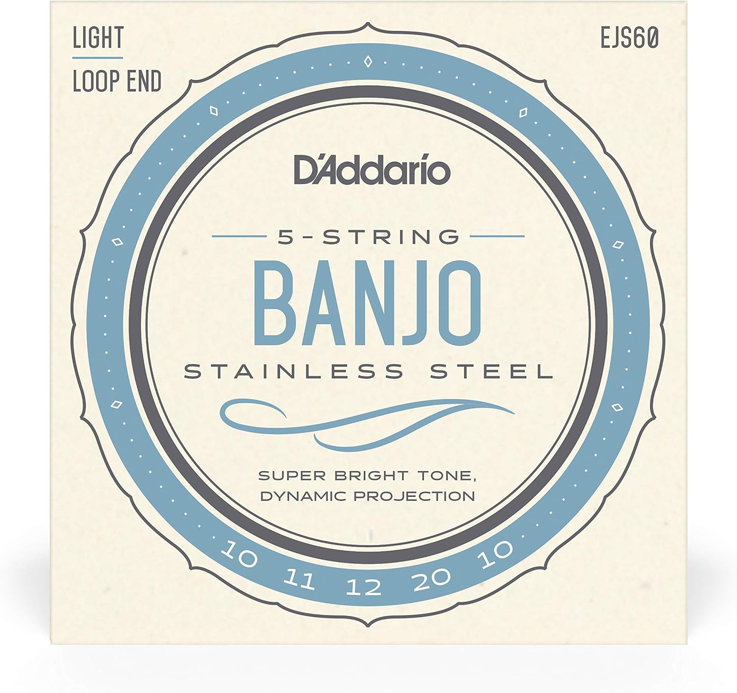 D'Addario Banjo Strings, Stainless Steel, EJS60, Light Gauge 10-20, 5-String Set, Pack of 1