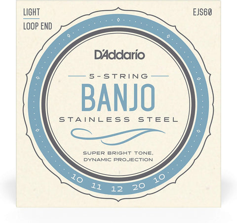 D'Addario Banjo Strings, Stainless Steel, EJS60, Light Gauge 10-20, 5-String Set, Pack of 1
