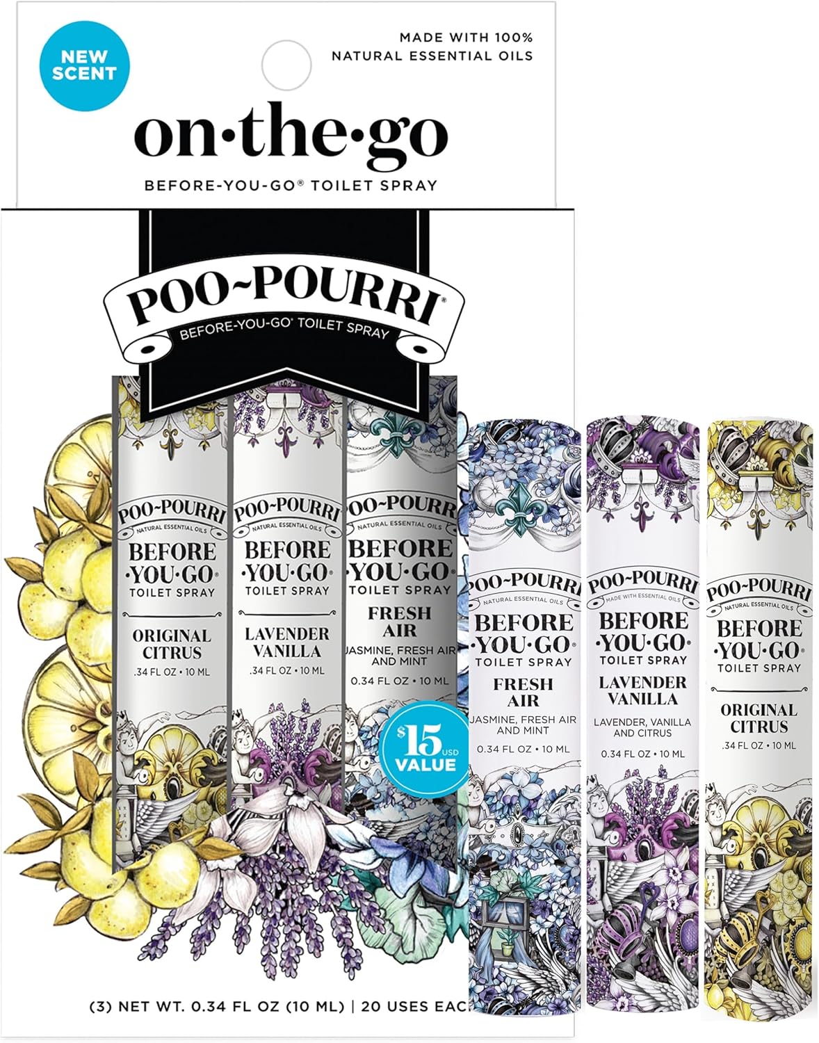 Poo-Pourri Before-You-Go Toilet Spray, Travel Essentials, .34 Fl Oz, In A Pinch Variety 3 Pack, Each Up to 20 Uses, On-The-Go Bathroom Odor Deodorizer with Essential Oils, TSA Approved Size, 3 Scents