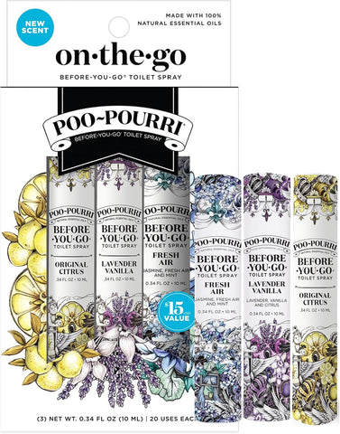 Poo-Pourri Before-You-Go Toilet Spray, Travel Essentials, .34 Fl Oz, In A Pinch Variety 3 Pack, Each Up to 20 Uses, On-The-Go Bathroom Odor Deodorizer with Essential Oils, TSA Approved Size, 3 Scents