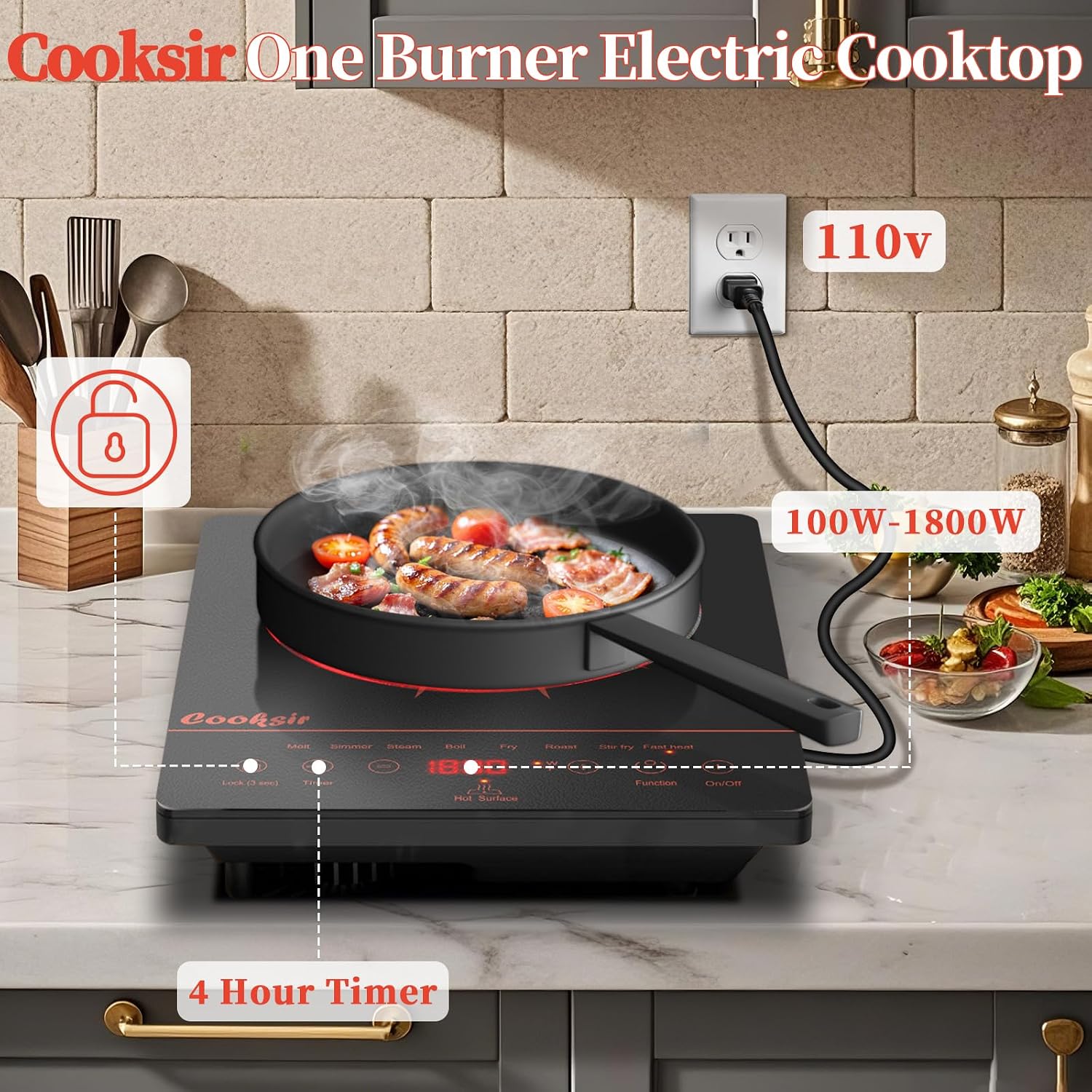 Single Burner Electric Cooktop 1800W 110V Plug in, Orange