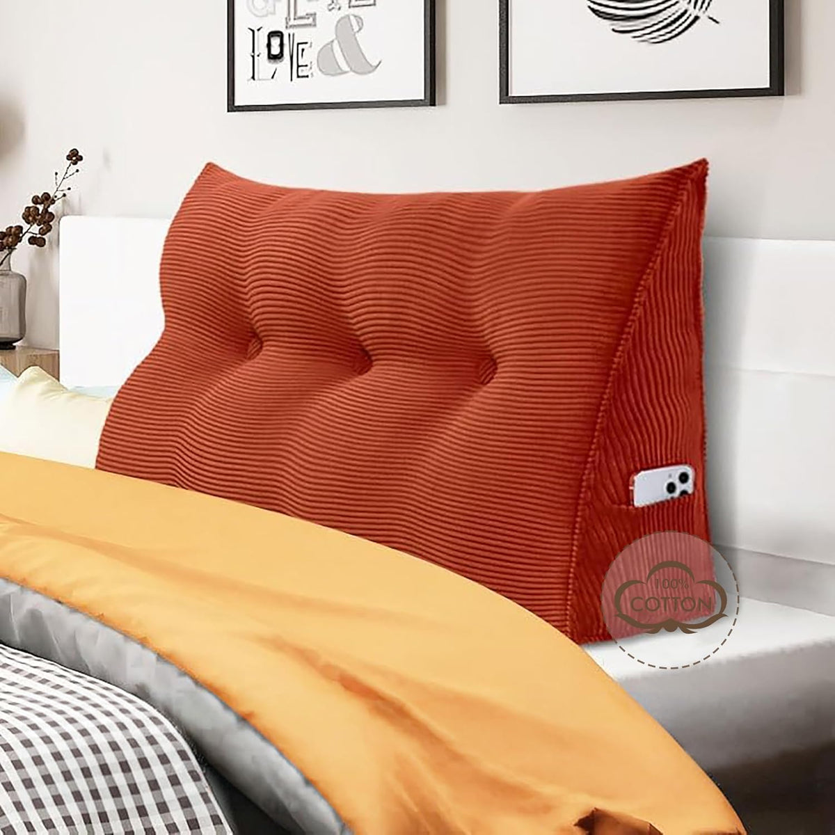 WOWMAX 100% Cotton Headboard Pillow Twin Dorm Wedge Pillow Headboard Orange