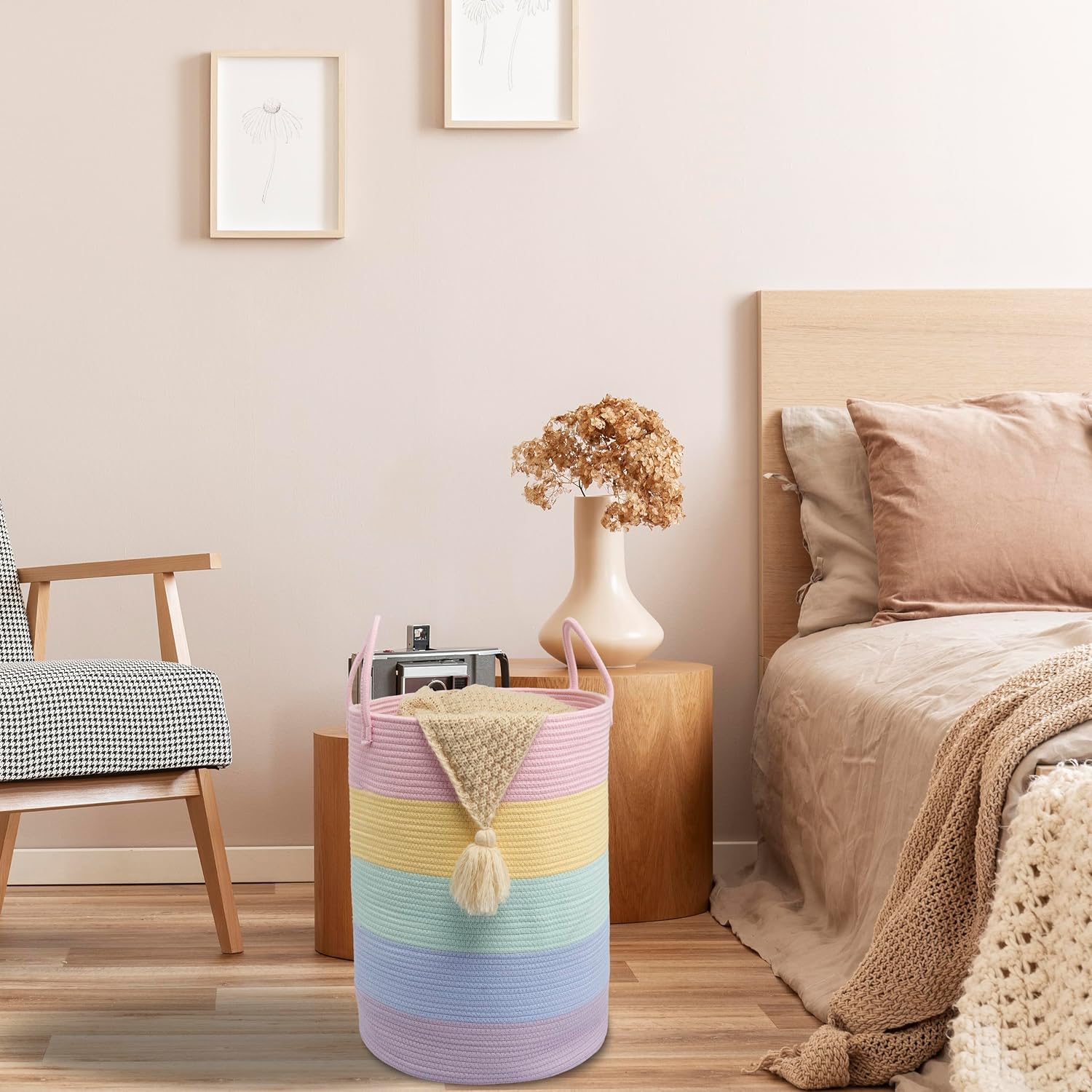 XUANGUO Rope Laundry Basket Hamper for Kids Girl Large, rainbow