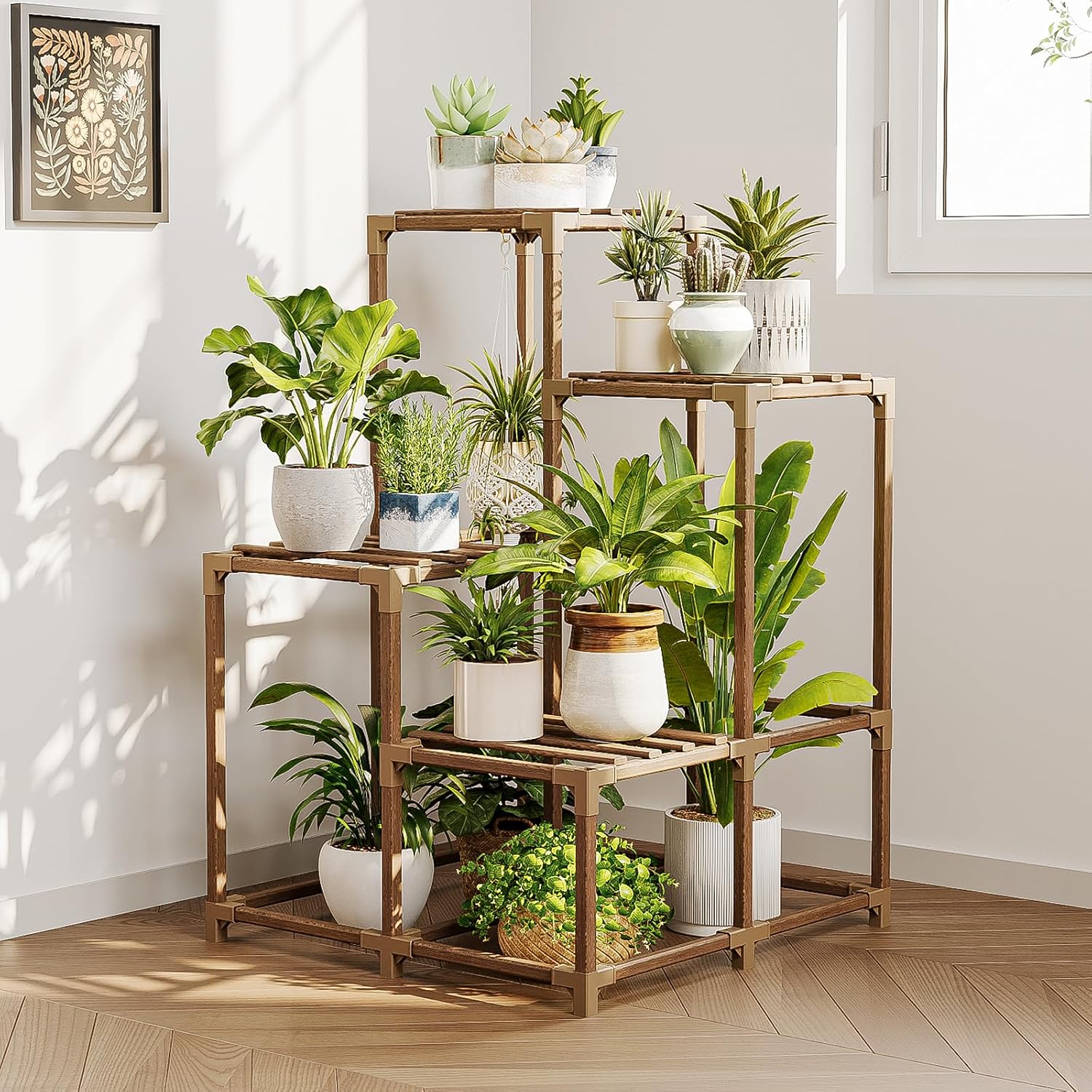 Bamworld Corner Plant Stand Indoor Outdoor Plant Shelf Small Plant Table