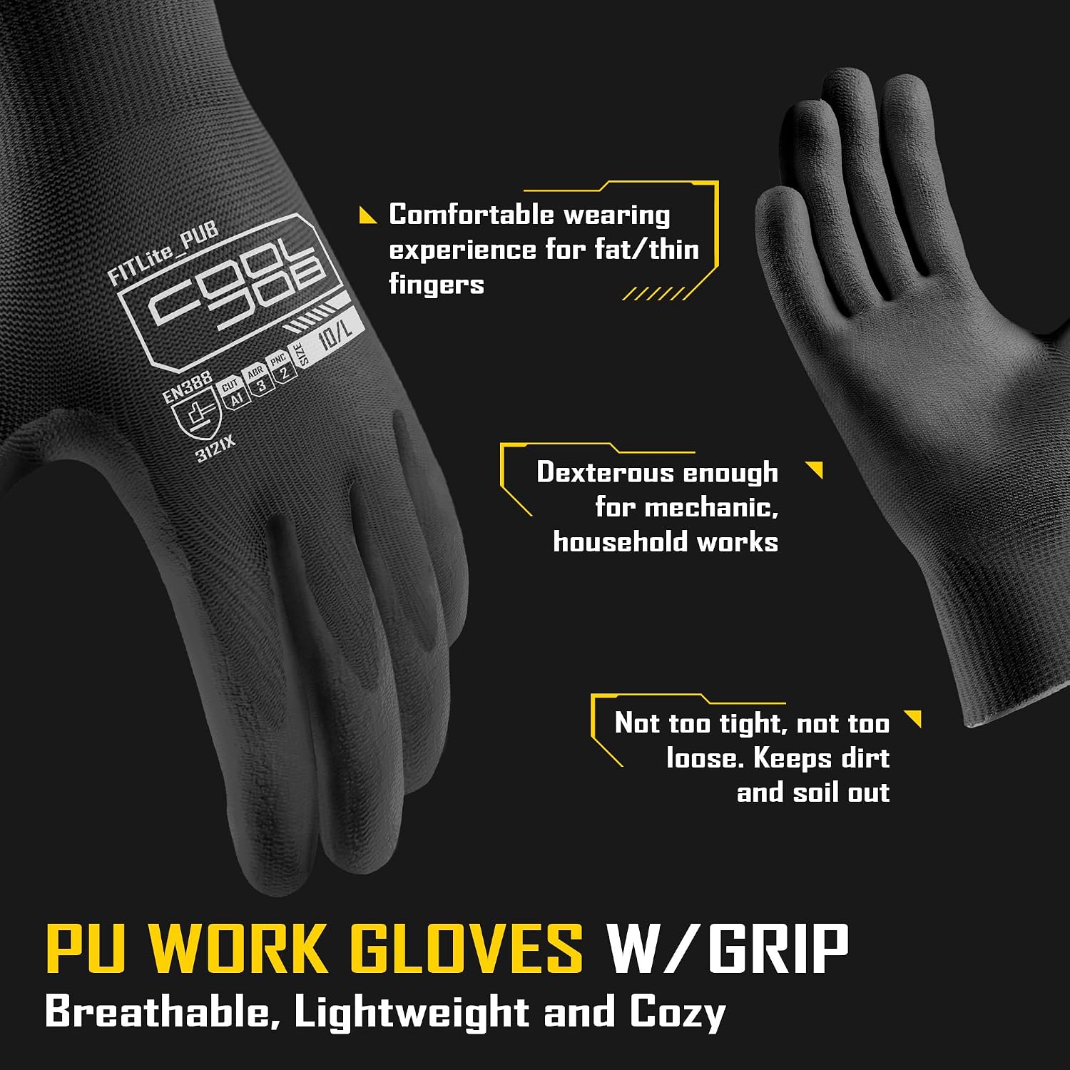 COOLJOB 12/60 Pairs Safety Work Gloves Pack Bulk with Grip PU Coating