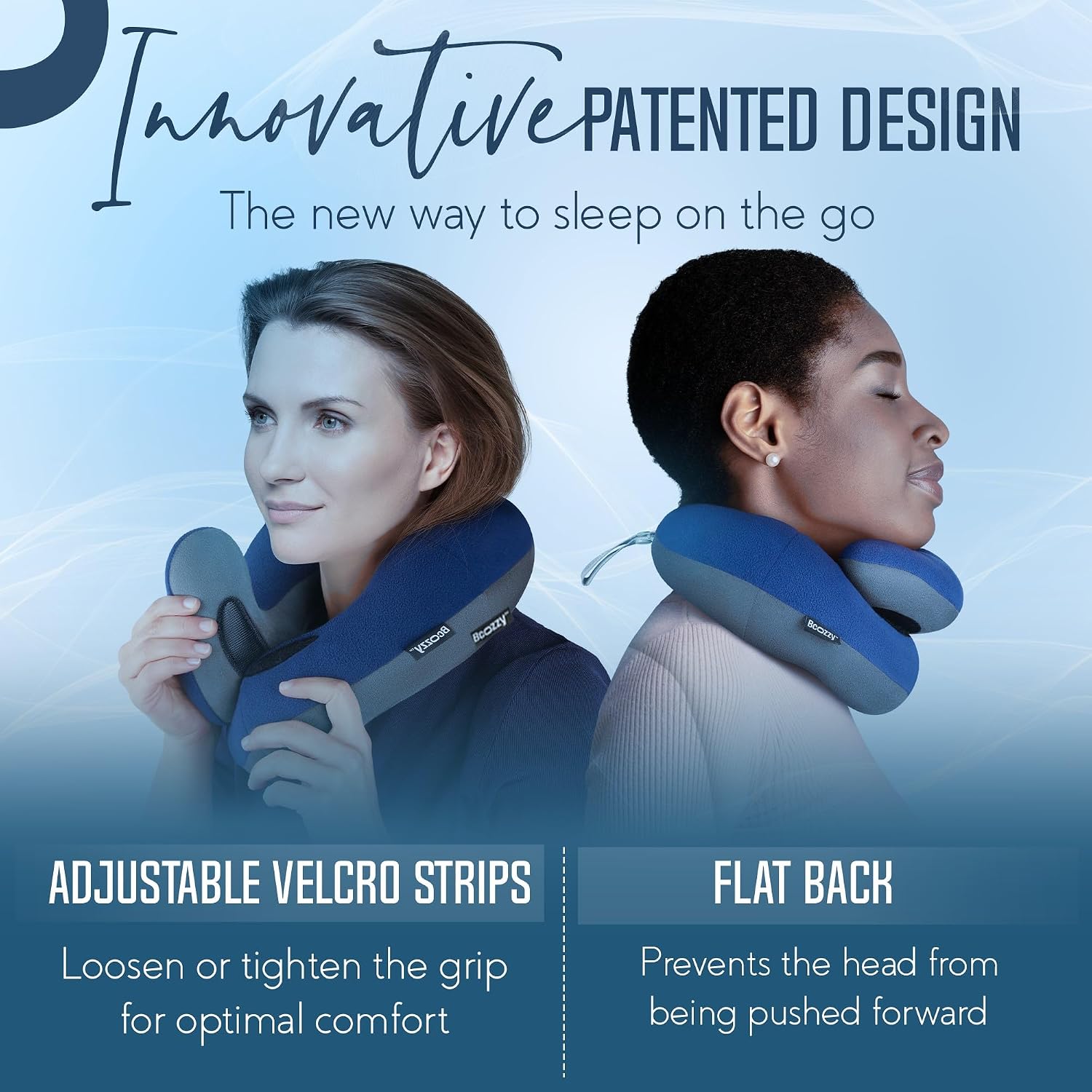 BCOZZY Organic Cotton Travel Neck Pillow for Airplane - Patented Double Support for Head, Neck & Chin. Soft, Adjustable for Comfortable Resting on Flights, Car Rides & Recliners. Washable, Large, Navy