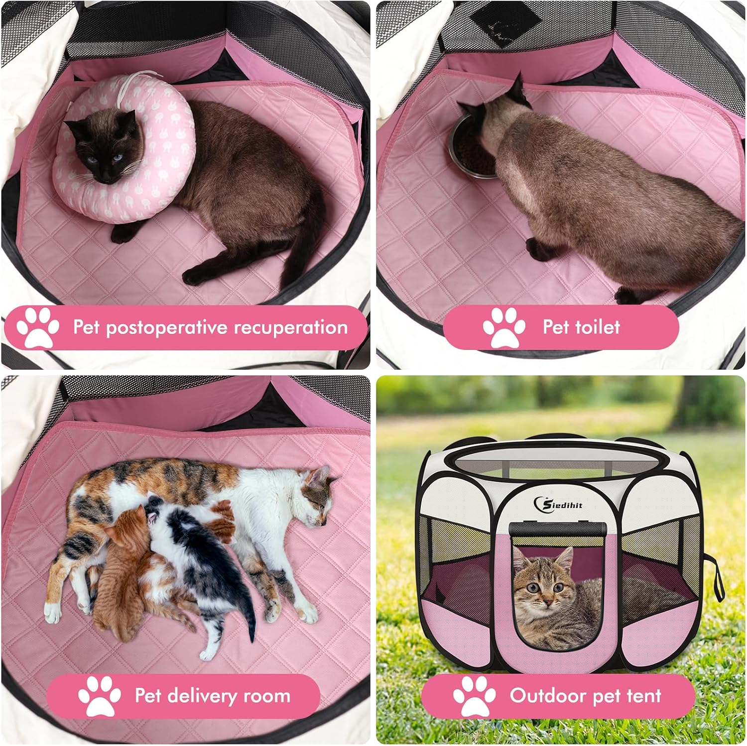 Sieidihit Dog Cat Playpen Tent Crate Cage with Washable Pee Pad, Small Pink