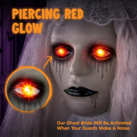 JOYIN 67" Halloween Decorations Outdoor Life Size Bride Decor, White Ghost Haunted House Props with Creepy Sound for Garden Yard Lawn