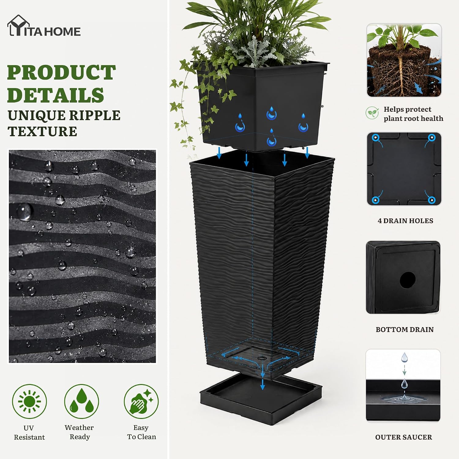 YITAHOME 2pcs Tall Planters 32" with Detachable Inner Pot, Outdoor Planter