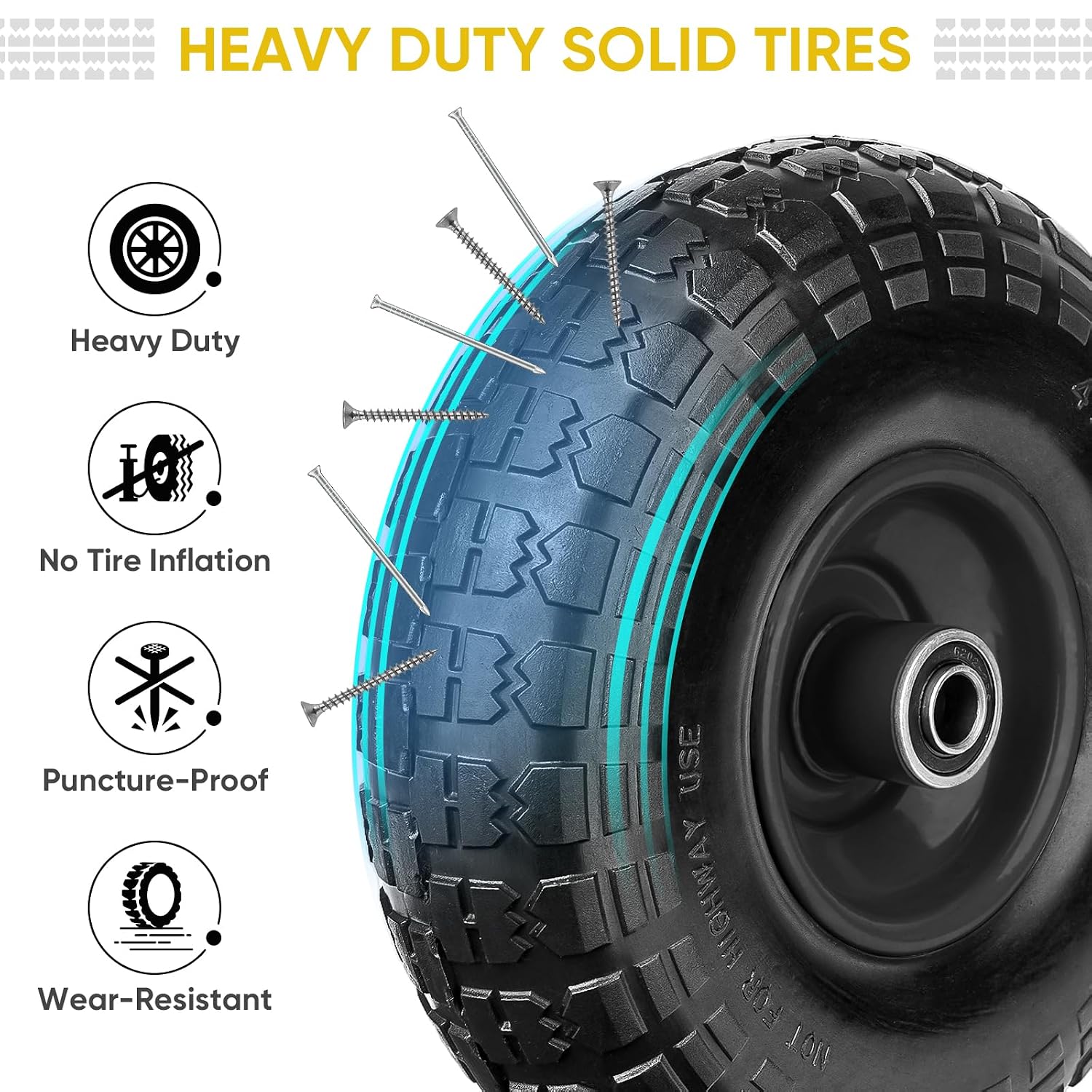 TICONN 10" Solid Tires, 4.10/3.50-4 Tire and Wheel Flat Free, 5/8" Bearings