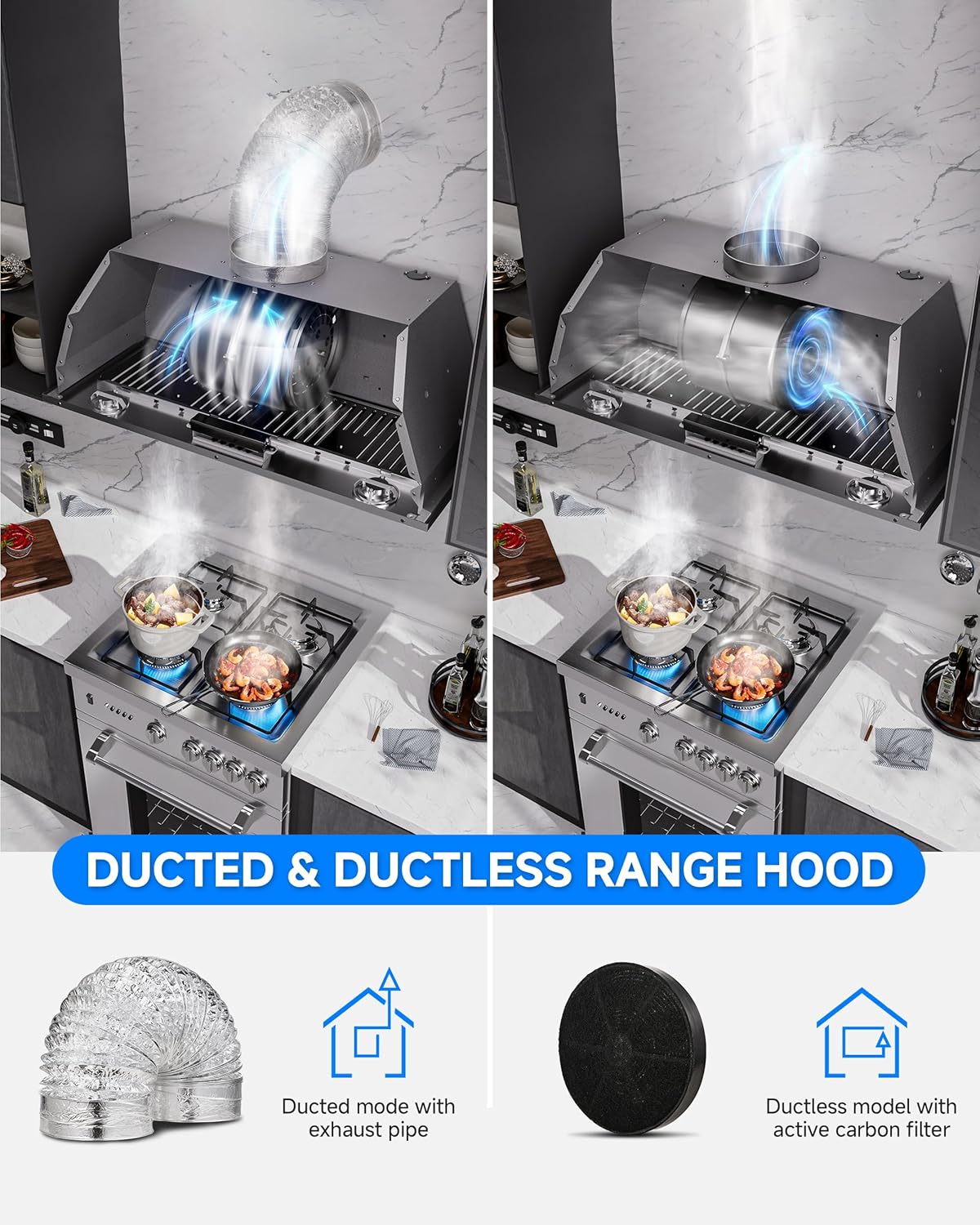 AMZCHEF 30 Inch Range Hood Insert 1000 CFM Built-in Kitchen Vent Hood Stainless Steel Ducted/Ductless Convertible Exhaust Hood with Button Control, LED Lights for Kitchen Ventilation