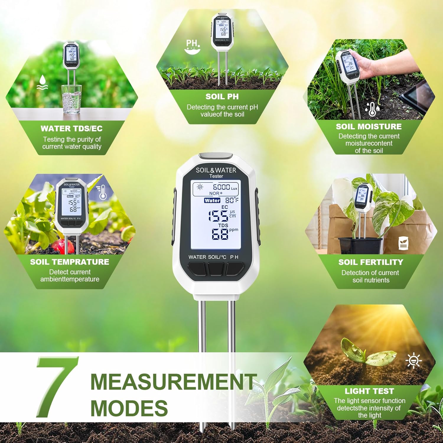 Moisture Meter for Plants,7-in-1 Digital Soil Tester Kit