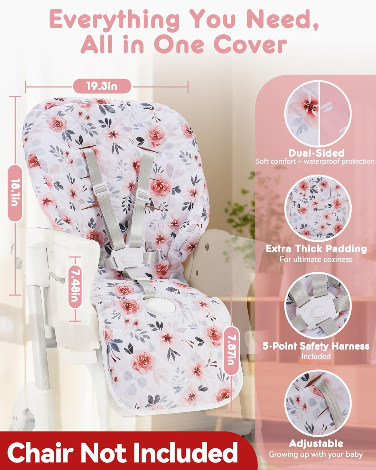 Baby High Chair Cover Replacement, Reversible & Waterproof High Chair Cushion Pad Home & Restaurant use, Includes 5-Point Harness Strap, Chair Not Included - Pink