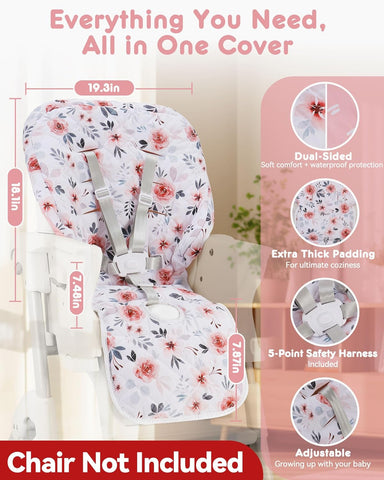 Baby High Chair Cover Replacement, Reversible & Waterproof High Chair Cushion Pad Home & Restaurant use, Includes 5-Point Harness Strap, Chair Not Included - Pink