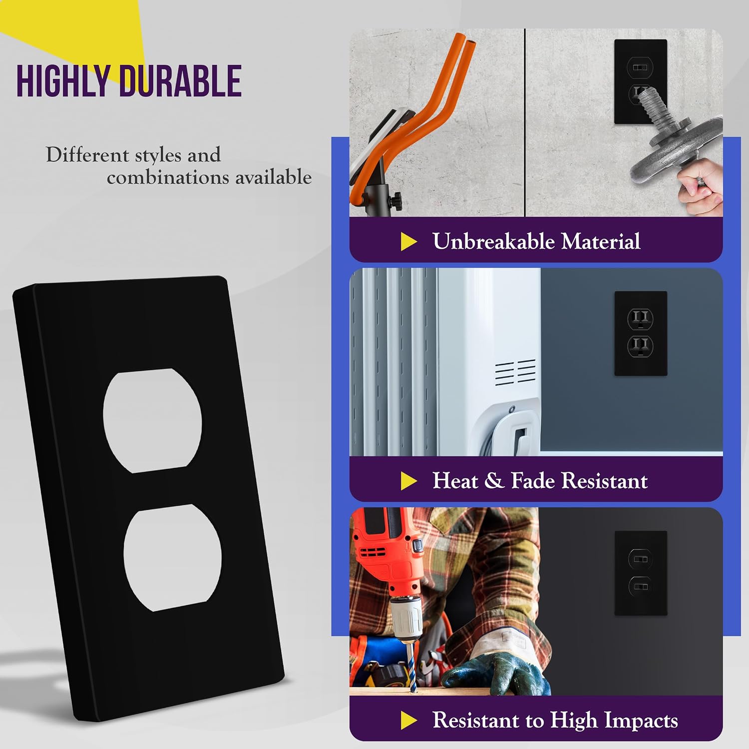 ENERLITES 5 Pack Screwless Duplex Outlet Covers Wall Plate, 1-Gang, Black