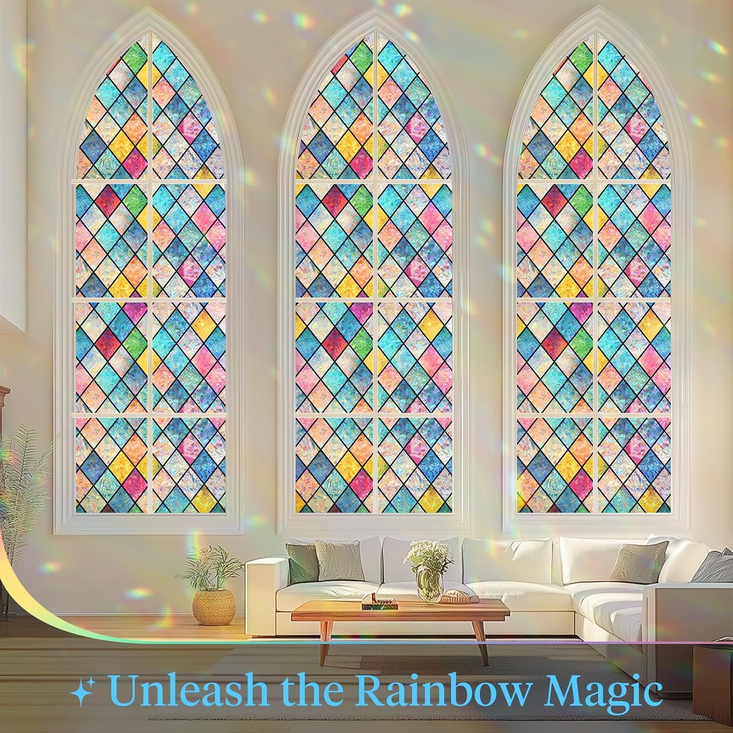 Haton Stained Glass Window Film, Rainbow Lattice Stickers, 29.5" x 157.4"