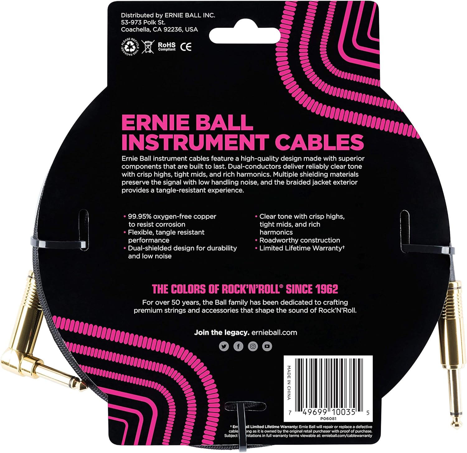Ernie Ball Braided Instrument Cable, Straight/Angle, 10ft, Black (P06081)