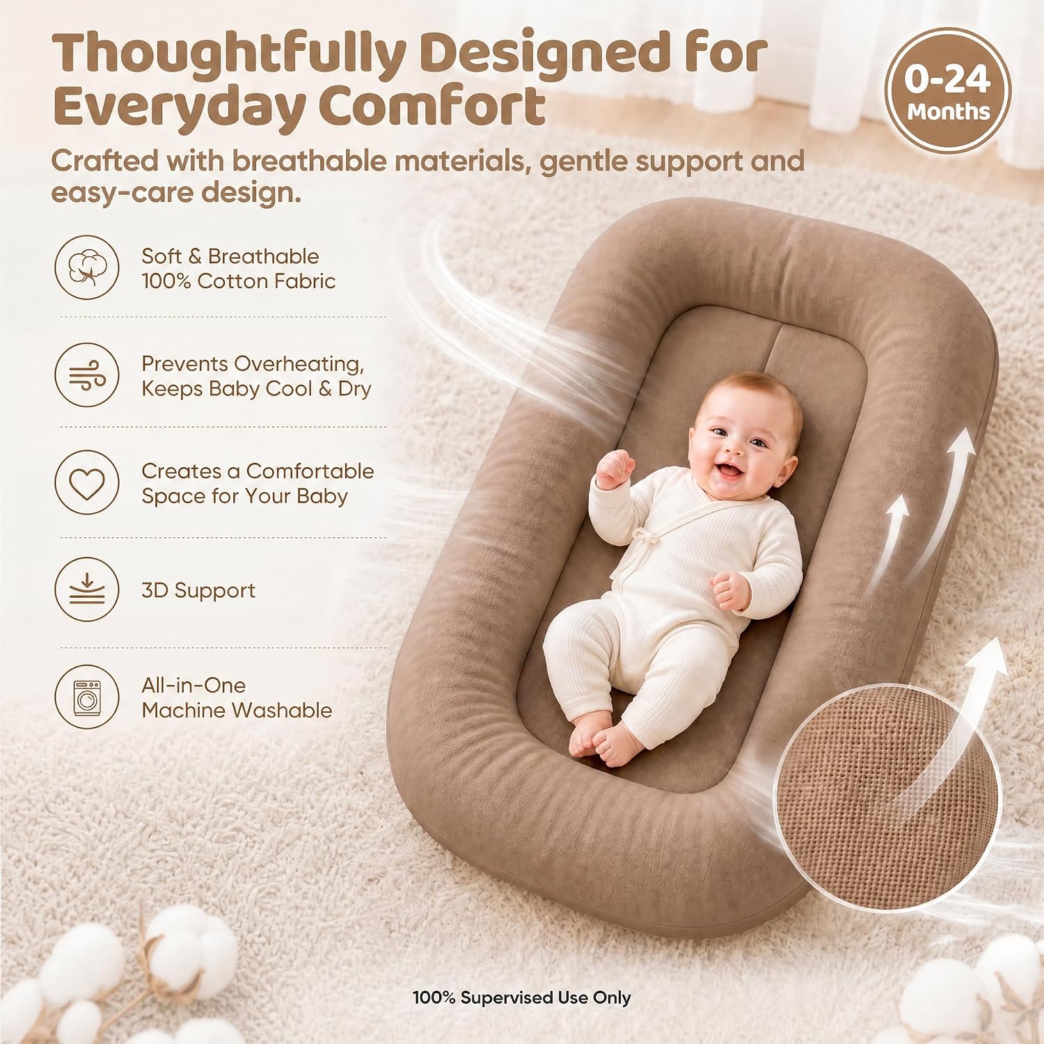 Baby Lounger, Infant Support Cushion 0-24 Months, Brown