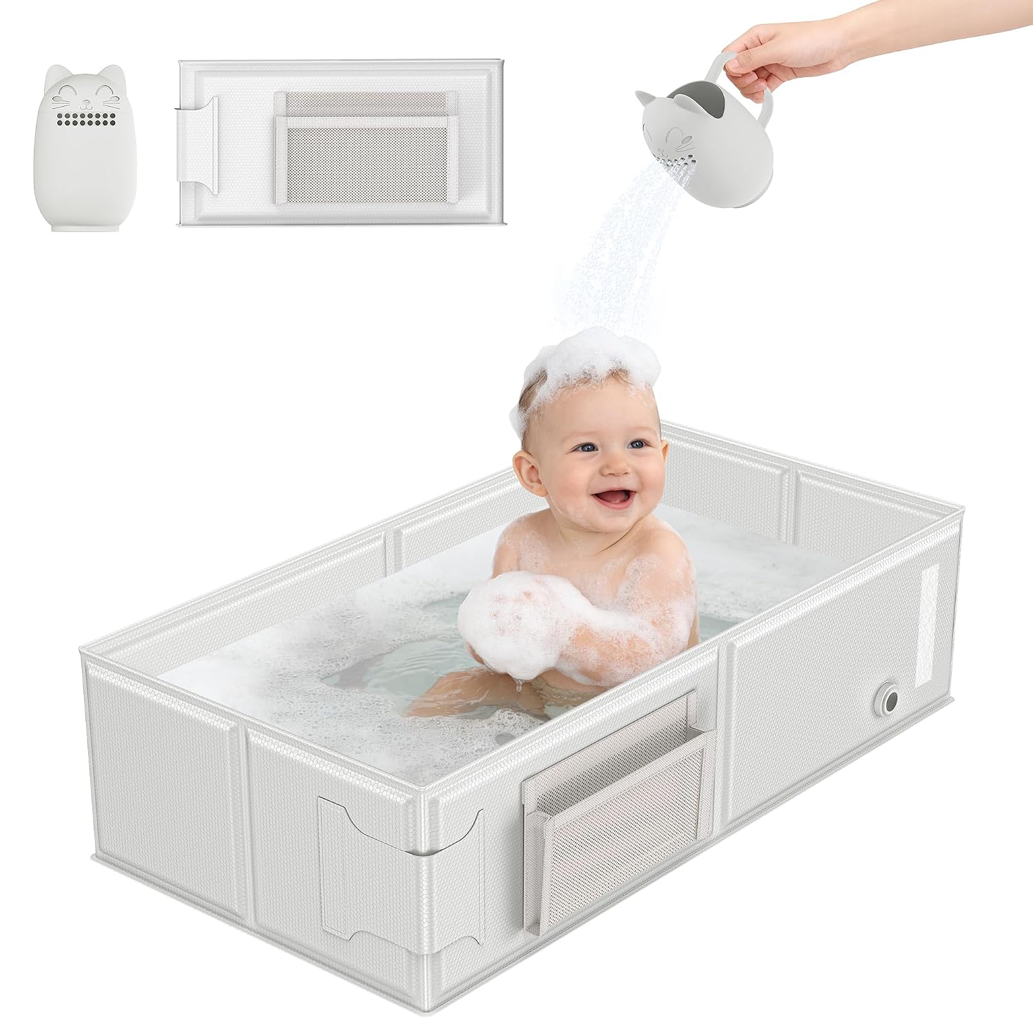 Baby Bathtub, Portable Bathtub with Cat-Patterned Bath Rinse Cup,Foldable Bath Tub for Small Bathroom,Toddler Tub for 6M-5Y,Ideal for Baby Travel Essentials & Baby Shower Gifts